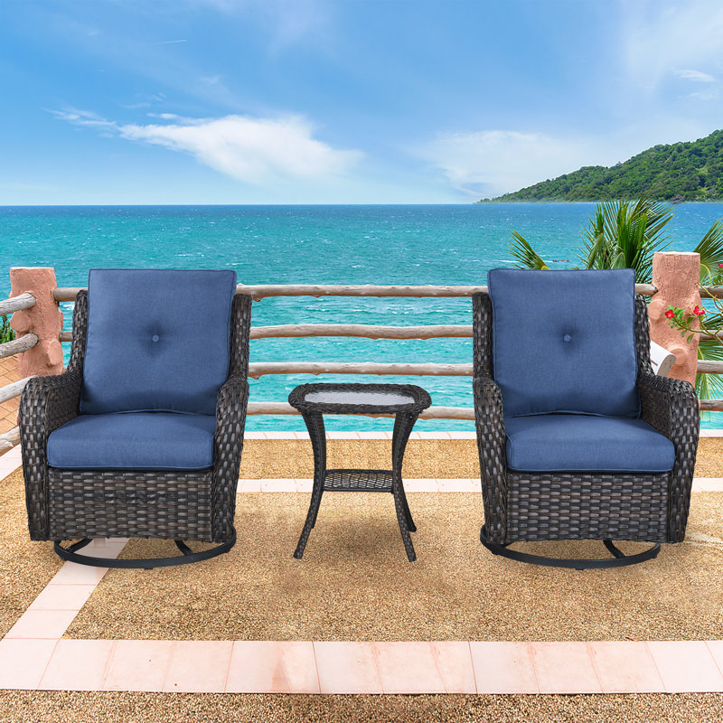 Chaises berçantes d'extérieur pivotantes en osier pour patio avec table d'appoint, Bleu marine