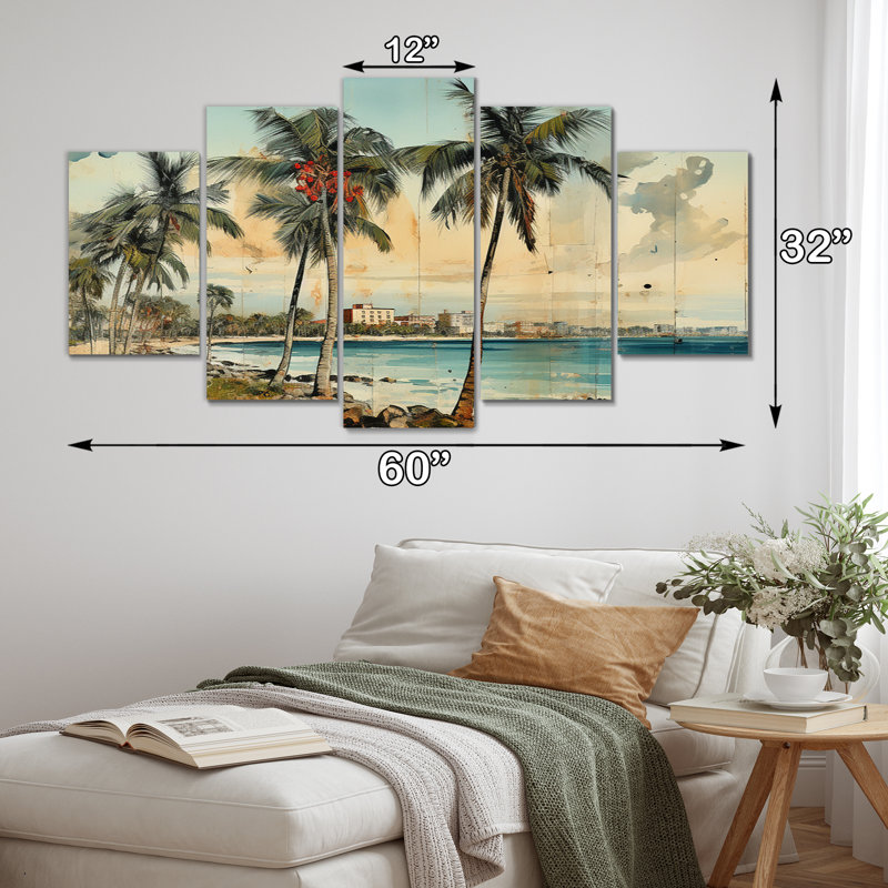 Vintage 1920 Miami Palm Trees Beachside III - impression d'art mural de la Floride - 5 panneaux