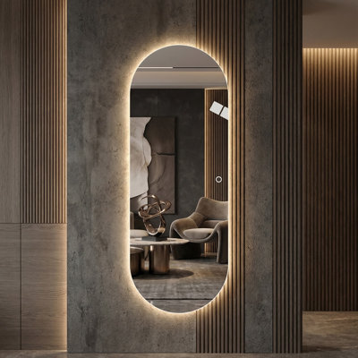 65" x 24" Oval Frameless LED Full Length Mirror, 3 Color Lighting, Clear White Glass, Explosion-Proof, Wall Mounted Backlit Mirror