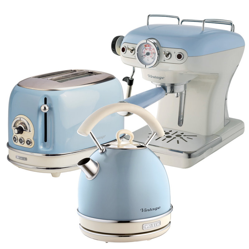 Ariete Vintage 1.7L Kettle with 2 Slice Toaster and 15 Bar Pump Espresso Coffee Machine Set, Blue