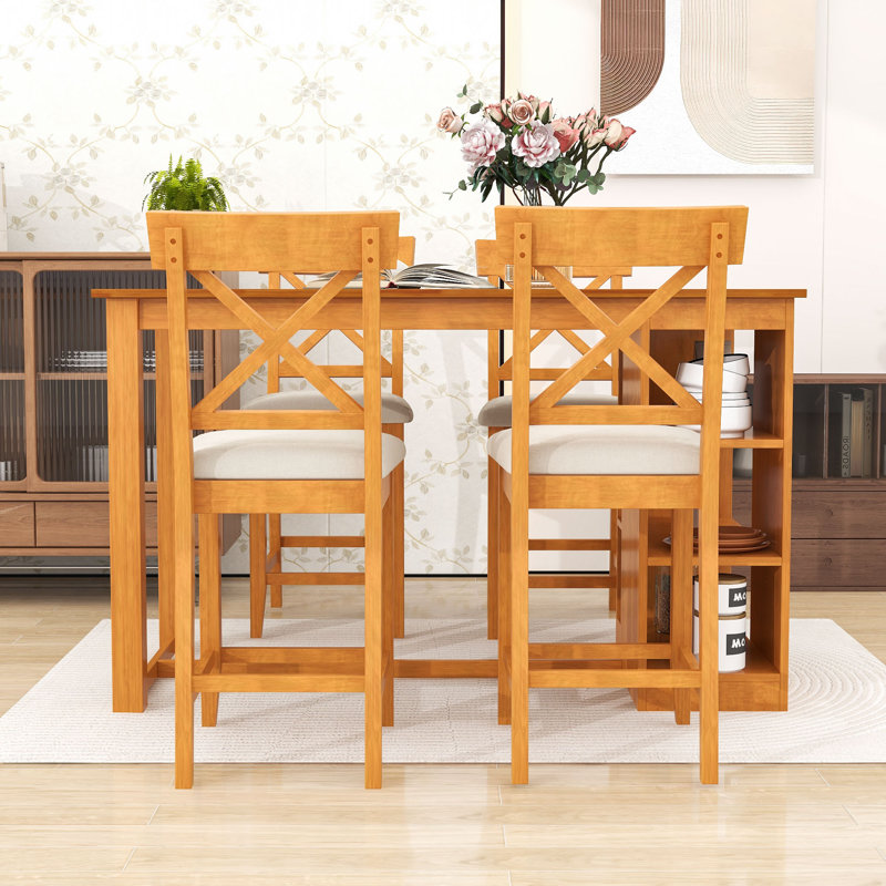 Ensemble de salle à manger 5 pièces Devra, table en bois à hauteur de comptoir avec rangement à 3 niveaux et chaises rembourrées
