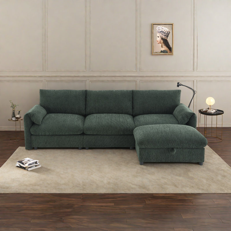 Canapé modulaire en chenille avec repose-pieds et poches de rangement, support de téléphone réglable, siège large, ensemble de canapé en L de 4 sièges, canapé confortable avec chargeur USB pour le salon, appartement