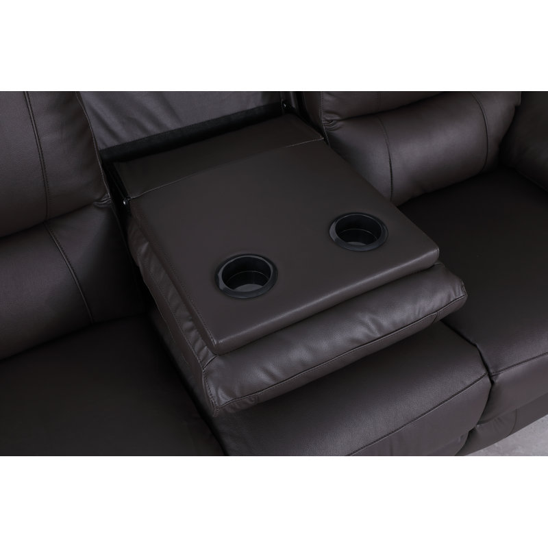 Llanas 2 Piece Pillow Top Arm Genuine Leather Recliner Loveseat + Sofa, Cup Holders, Brown Genuine Leather