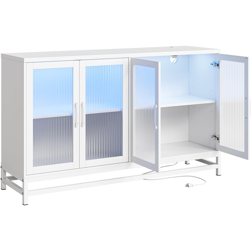 Sideboard Buffet Cabinet With Storage & Led Lights, 55" Large Wood Cabinet With 4 Fluted Glass Doors, White