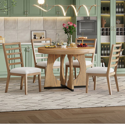 Extendable Round Dining Table Set For 4 With Removable Leaf And Retro Geometric Base Design