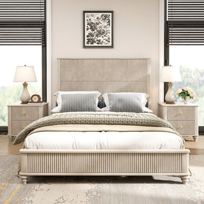 Solid Wood Bed Frame,Queen Platform Bed Frame with Headboard,Tall Headboard Natural Wood Bed ,No Box Spring Needed,Beige