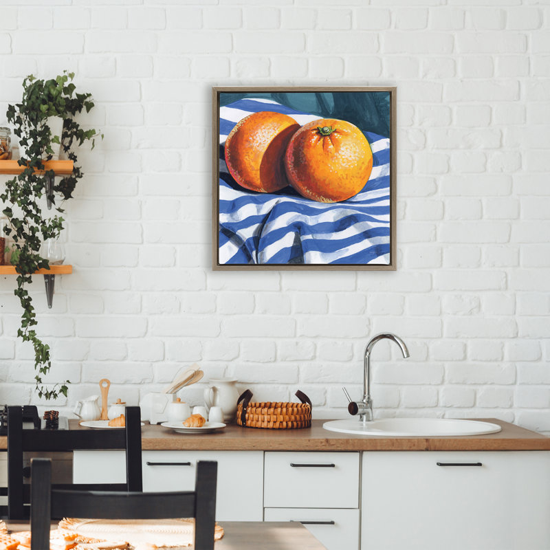 Oranges On Striped Cloth Floating Frame, design by Kate Jarvik Birch, 18" H x 18" W, Montalcino Elm Floater Frame