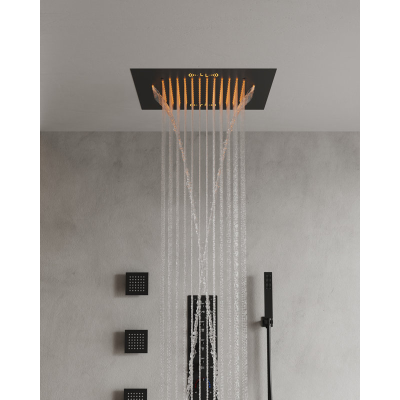 20" Ceiling-Mount LED Rainfall Shower System with Bluetooth Music, Handheld Sprayer & Thermostatic Valve, Matte Black