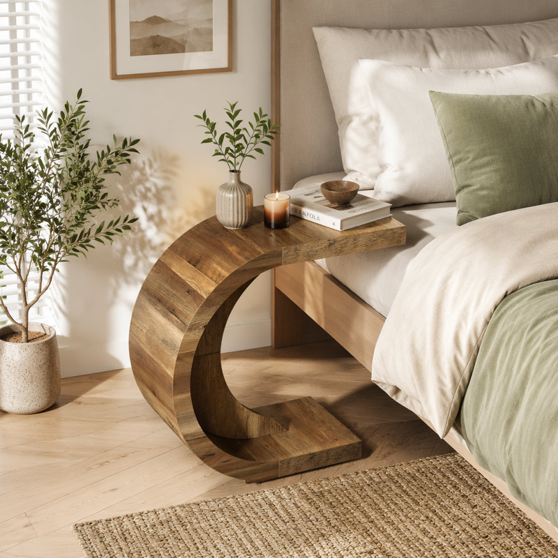 Table de bout en C, table d'appoint en bois, Brun rustique