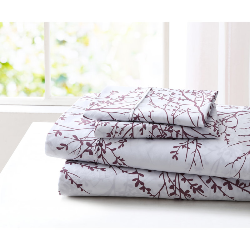 Microfiber Floral Sheet Set, Twin Sheet Set + 1 Fitted Sheet + 1 Pillowcase, White/Lilac