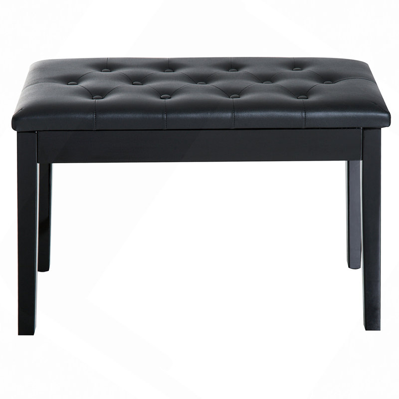 Black Tufted Faux Leather Double Piano Bench with Storage, Black