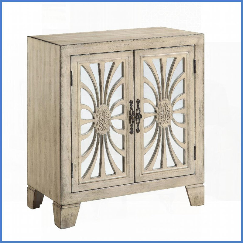 Table basse blanche antique avec portes en miroir Pieds effilés - Rangement caché pour le vestibule du salon