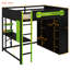 Lit mezzanine double moderne avec bureau éclairé, prise de courant et armoire de rangement ouverte, tablettes-858039521
