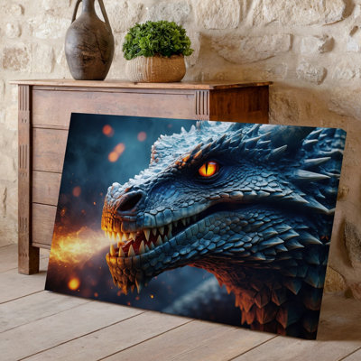 Canvas A Fierce Close Up Depiction Of A Dragon S Face Wall Art Showcasing Intricate Scales With A Textured Dark Blue Gray Color For Canvas Wall Art