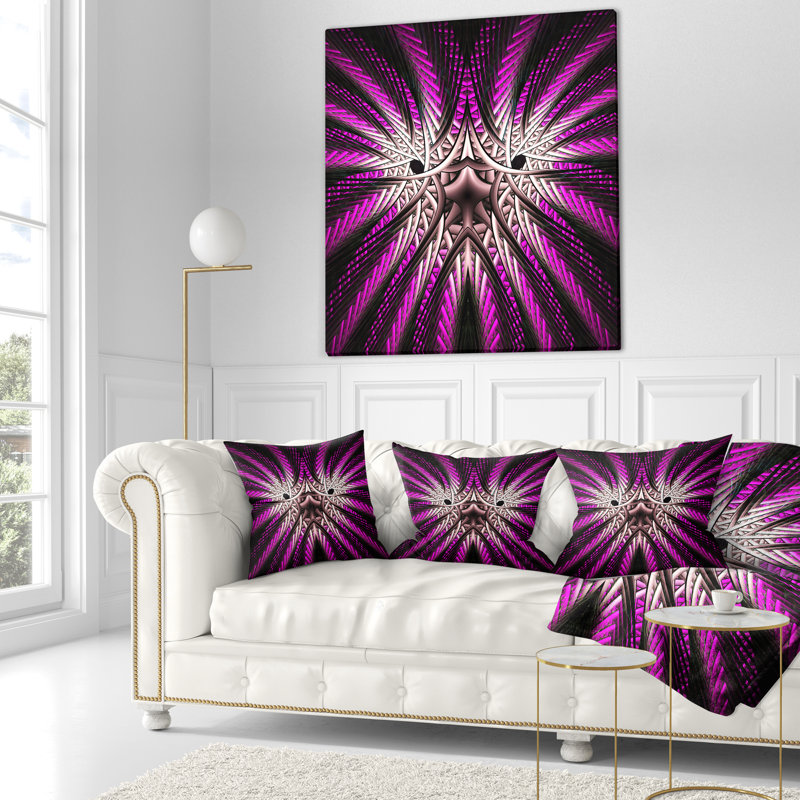 Fleur fractale rougeoyante en noir - coussin abstrait imprimé, 18 po x 18 po, Coussin décoratif, Mauve / Gris