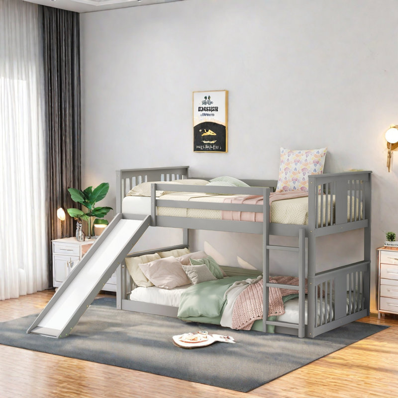 Low Bunk Bed with Reversible Slide, Gray, Twin Over Twin