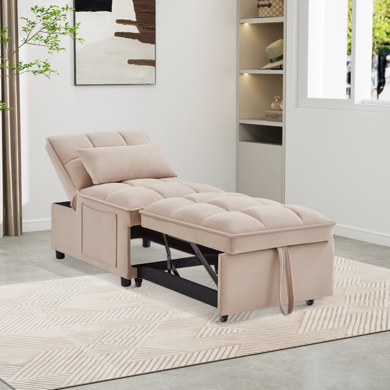 4 in1 Multi-Function Single Sofa Bed with Storage Pockets,Convertible  Chaise Lounge, Beige Velvet