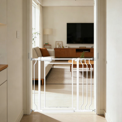 Barrière de bébé à triple verrouillage avec panneau en acrylique transparent - Support réglable à pression de 29 à 37 po de large pour escaliers, portes en métal blanc