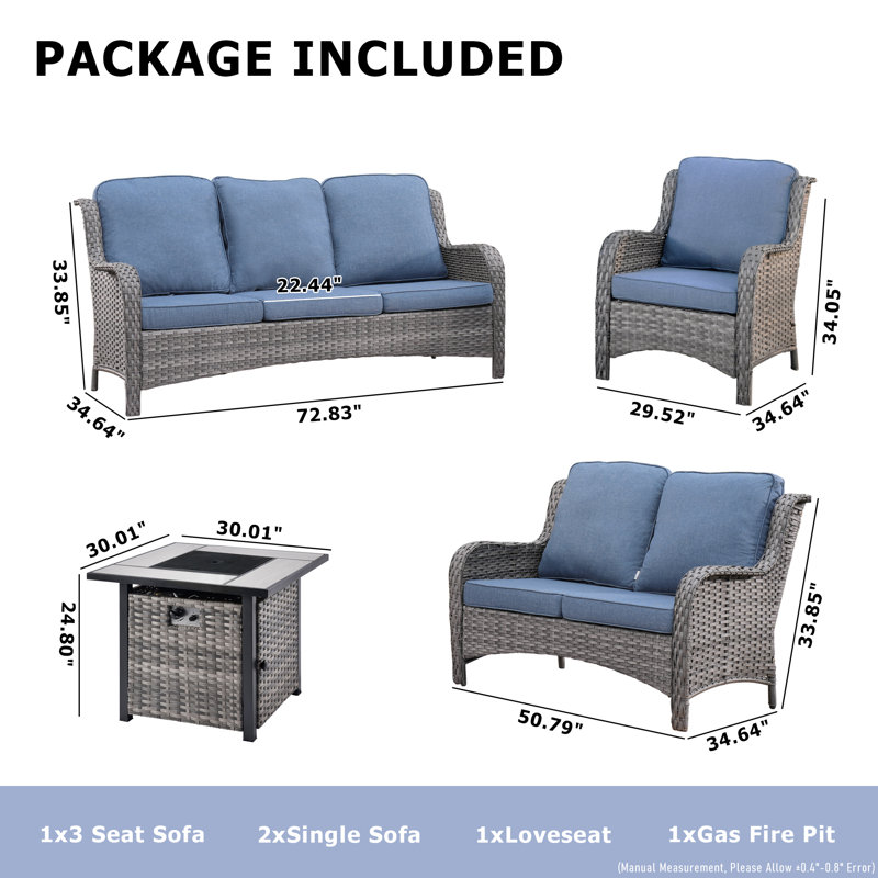 Ensemble de conversation avec canapé en rotin 7 pièces avec coussin, Bleu denim, gris
