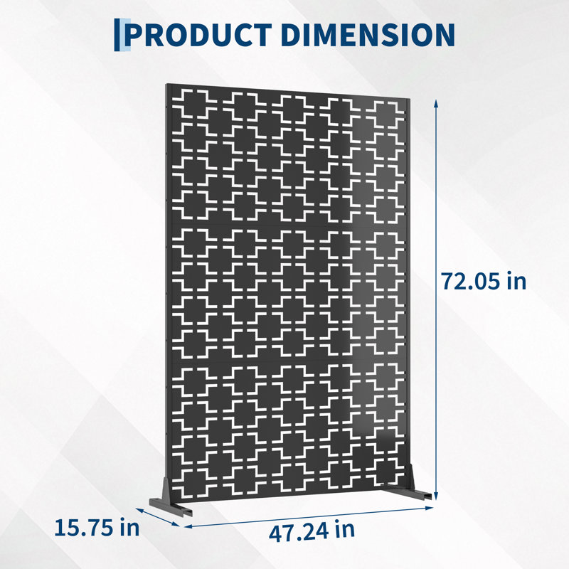 Paravent d'extérieur autoportant en métal avec support, 119 x 183 cm (47 x 72 po), panneau de séparation décoratif pour jardin/terrasse - Acier galvanisé antirouille - Noir - Grille carrée