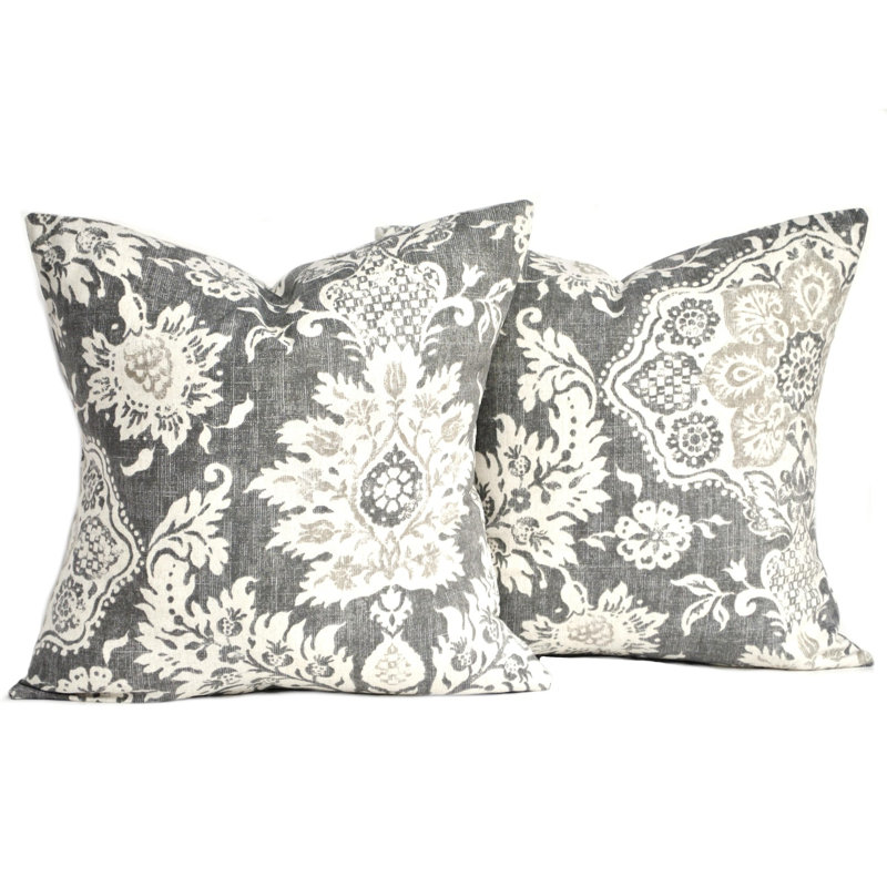 Housse de coussin 100% coton , 17,5 po x 17,5 po, Floral, Gris anthracite