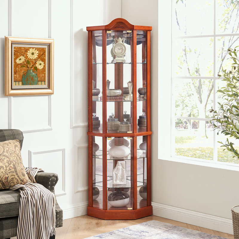 Lighted Oak Corner Curio Cabinet with Adjustable Glass Shelves