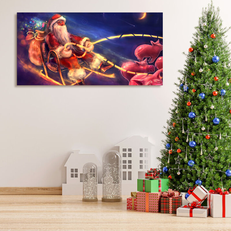 Père Noël avec cochon traîneau, reproduction sur toile, H 20 po x l 40 po x P 1,5 po