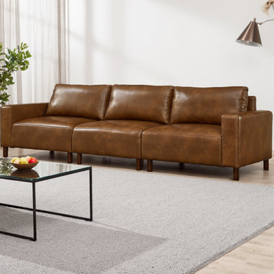 Canapé de style Mid-Century de 112 po, canapé rembourré 3 places en similicuir respirant avec pieds en bois massif, canapé de luxe en similicuir pour salon et appartement (assemblage facile)