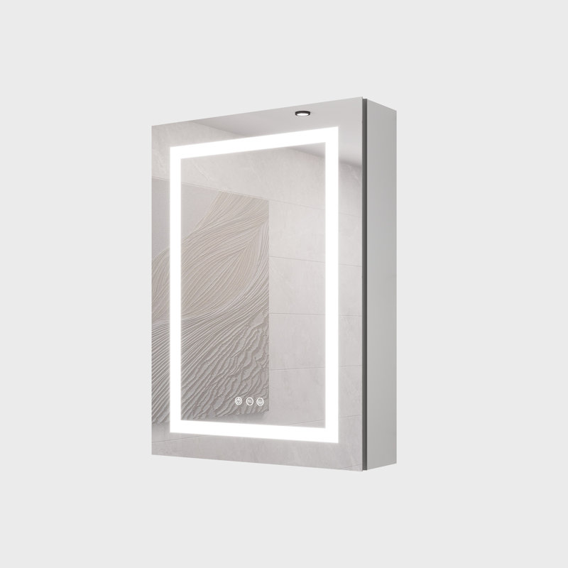 Armoire de salle de bain à miroir 20 po x 28 po à fixation murale. Brouillard, imperméable, à intensité variable. 3000k ~ 6000k, interrupteur tactile, porte simple, tablette de rangement à intensité variable, 3000k 6000k, thermolaqué