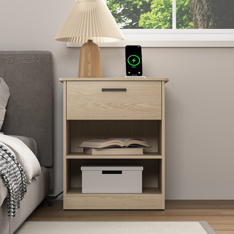 1 - Drawer Nightstand With Charging Station, Beige