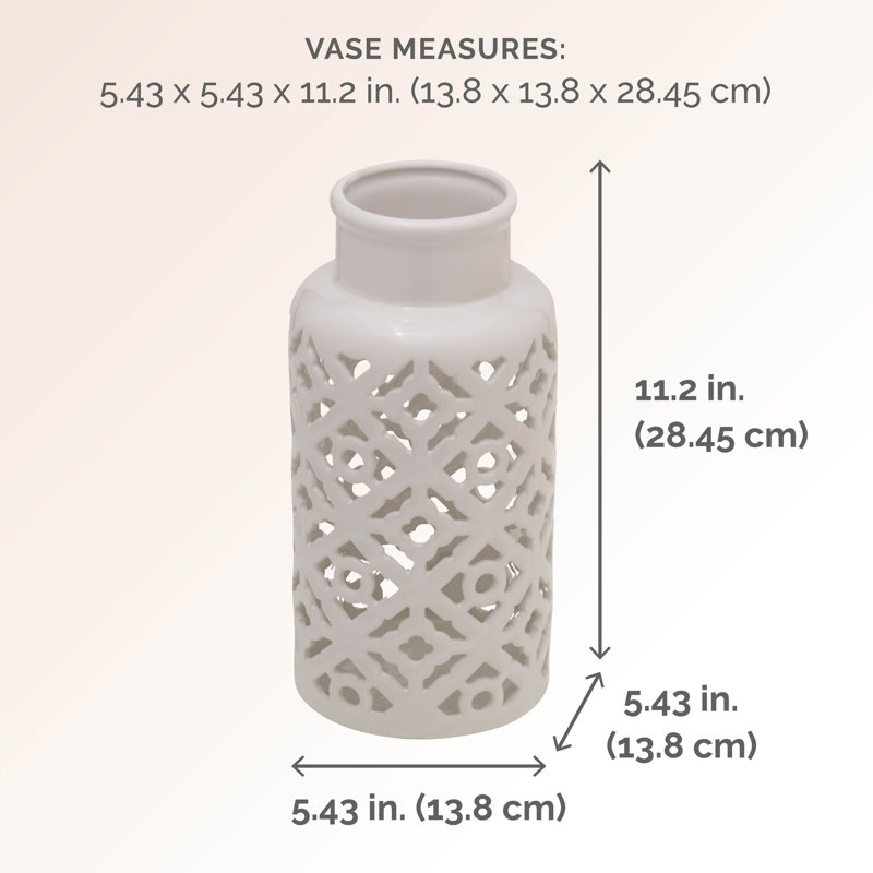 Diamond Pierced White Ceramic Table Vase 11" Height