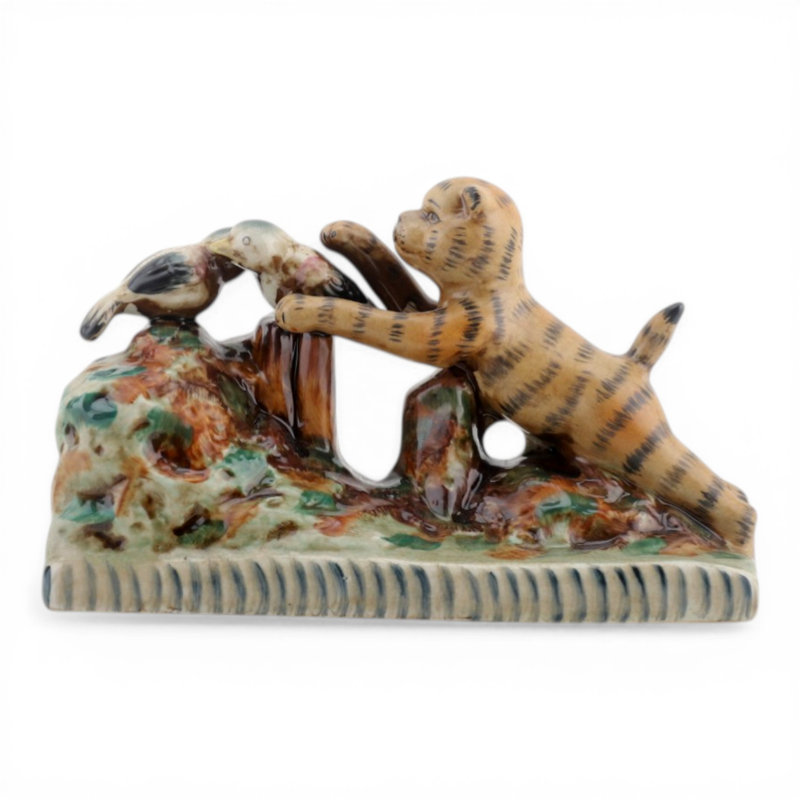 Porcelain Cat with Birds Figurine