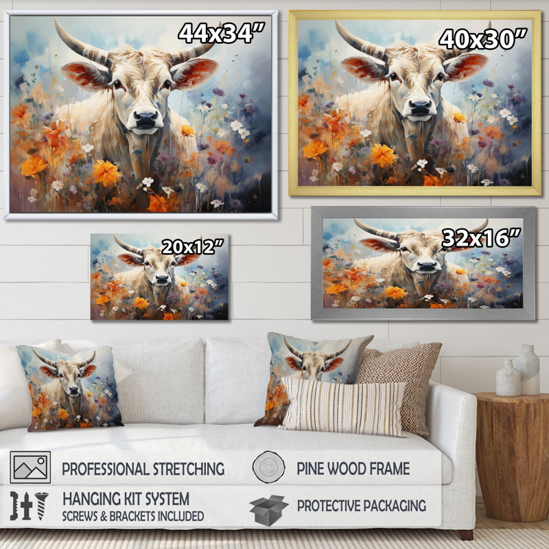 Vache harmonie florale II - imprimé, H 24 po x l 32 po x P 1 po, Cadre flottant doré