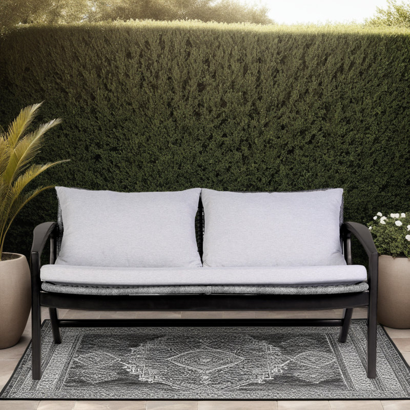 Outdoor Sofa In Dark Eucalyptus Wood And Gray Rope With White Cushions