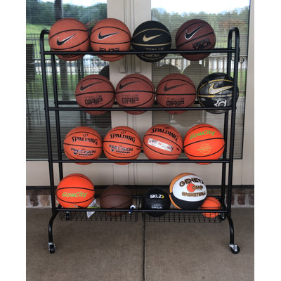 4-Layer Rolling Ball Rack with Hooks - Stores 16 Balls, Lockable Casters, Basketball Training & Sports Storage for Gym/Garage