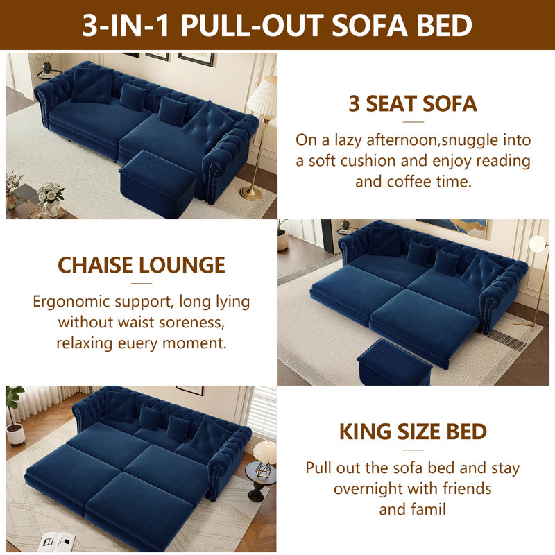 89" King Size Pull Out Sofa Bed 3-in-1 Convertible Velvet Chesterfield Sleeper Couch, Blue