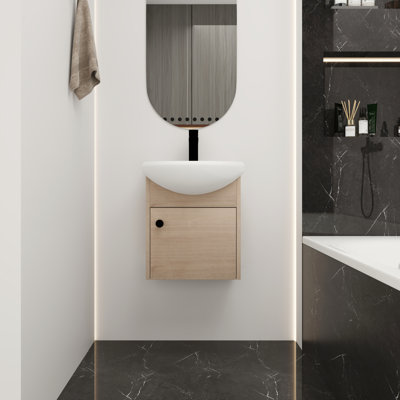 18 Inch Bathroom Vanity With Ceramic Vessel Sink. Wall Mounting Design Cabinet. Plywood Base. Oak Color. Functional And Attractive 18" Countertop Mounted Material. Contemporary