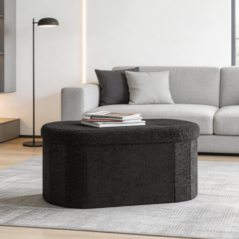 Oval Storage Ottoman with Teddy Velvet Upholstery, Foldable Storage Bench for Bedroom and Entryway,30", Black