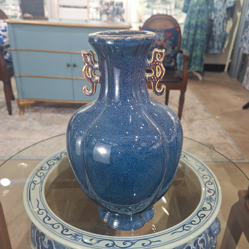 Vase en porcelaine glacis, H 14 po x l 9 po x P 9 po, Bleu / brun clair