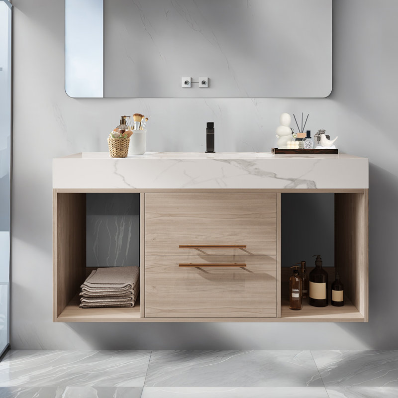 Modern 39.4'' Floating Bathroom vanity With Sink , Wall Mounted Bathroom Cabinet, Ivory
