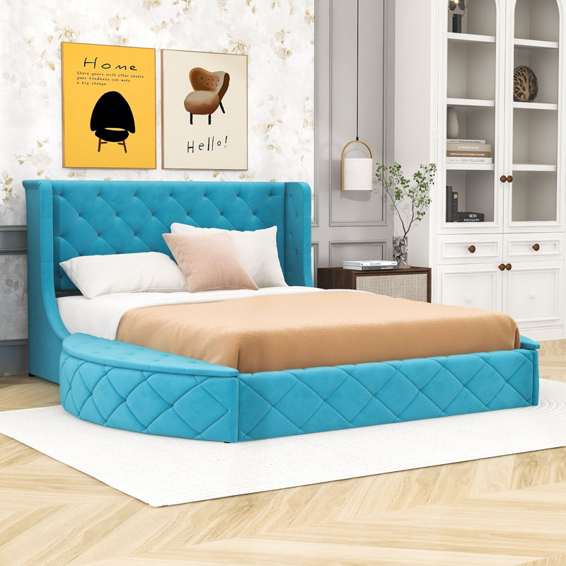 Grand lit plateforme tapissier 1 tiroir avec tête de lit et tabourets de rangement latéraux, Bleu