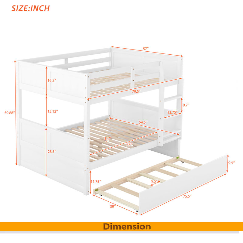 Full Over Full Bunk Bed With Twin Size Trundle, White