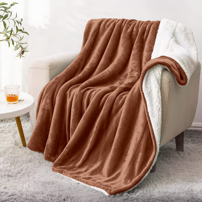 Sherpa Fleece Fur Thick Reversible Blanket Throw, 150cm x 130cm, Camel