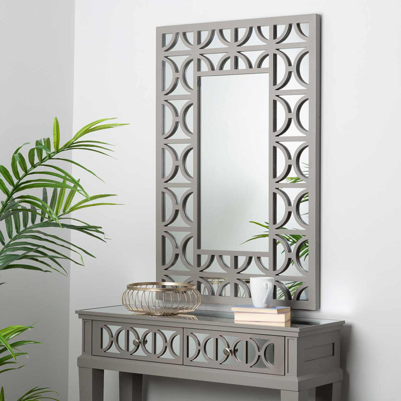Guven 118cm Rectangular Wall Mirror with Semi-Circle Design, Wall Mounted Mirror with MDF, Gray