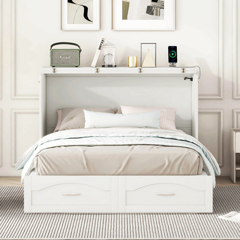Lit escamotable double pleine grandeur avec tiroir et ensemble de prises et ports USB, structure à poulie, blanc, Blanc