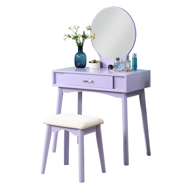 Maly Contemporary Wood Vanity And Stool Set, Purple, Purple