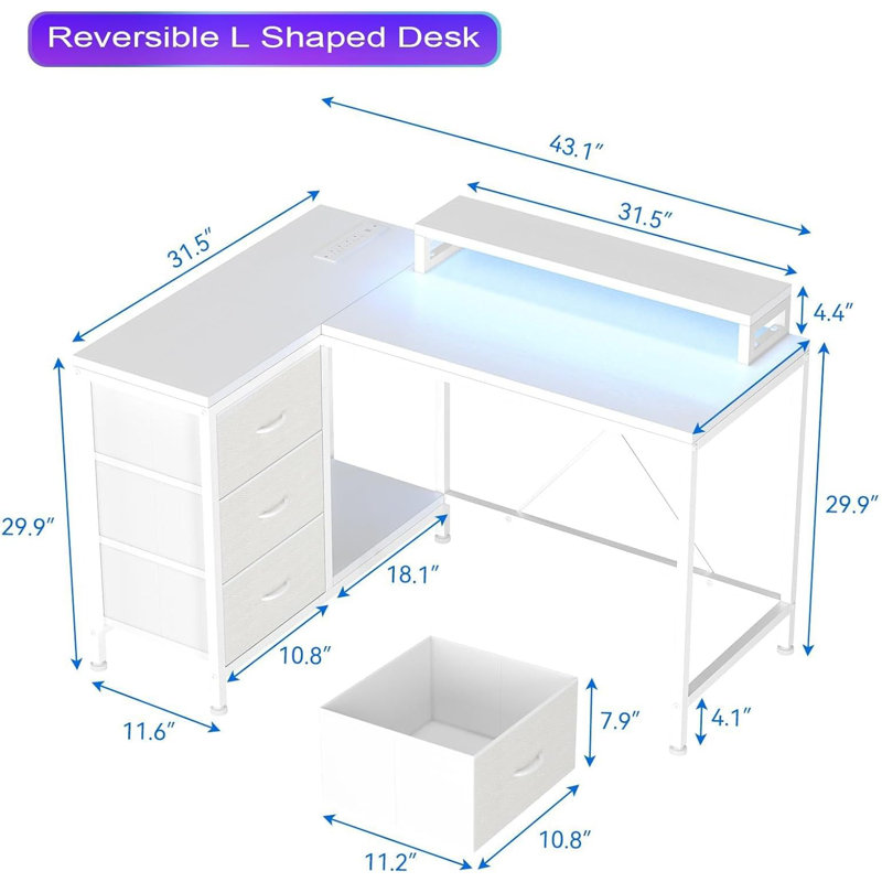 Ergonomic L-Shaped Computer Desk with 4 Power Outlets, 2 USB Ports, 7-LED Lights, Removable Stand, Drawers & Bookshelf