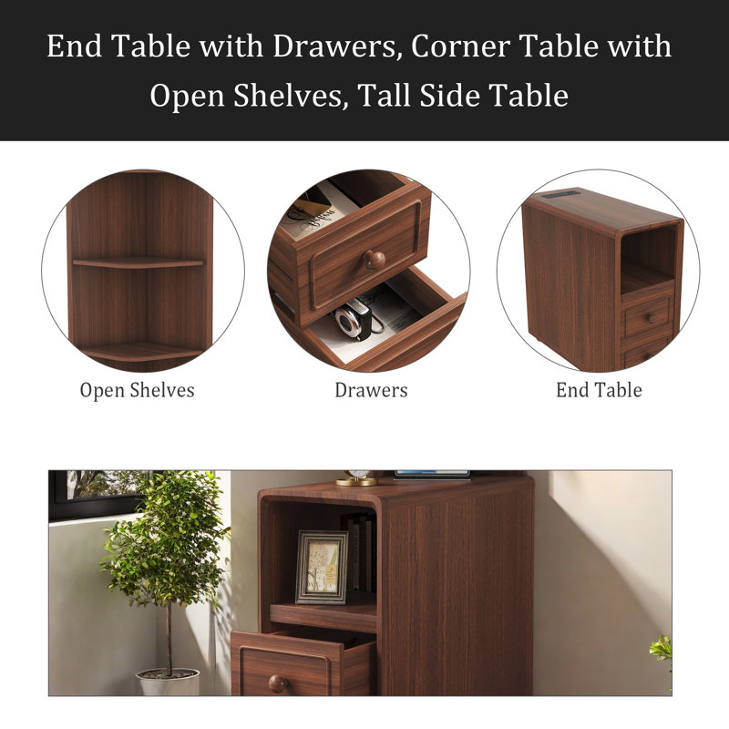 Table de bout avec tiroirs, table de coin avec tablettes ouvertes