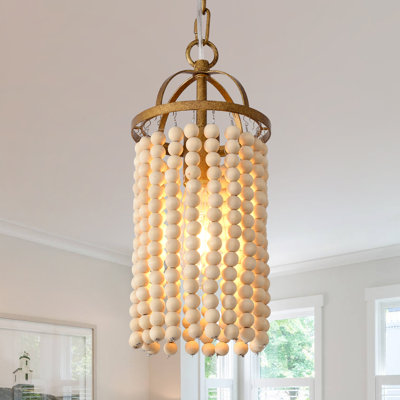 Boho Wood Beaded Pendant Lights, Antique Rustic Mini Chandelier 1-Light Distressed Brass Finishing for Dining Room Kitchen Island Bedroom