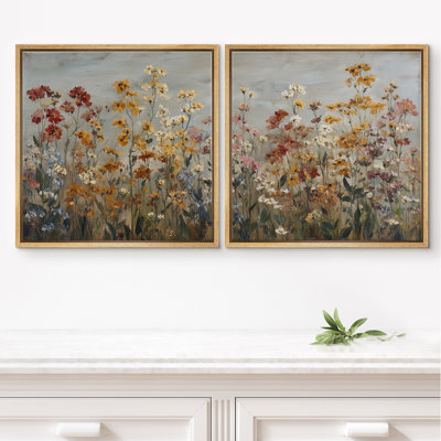 Warm Autumn Meadow Flower Botanical Wall Decor Framed Master Bedroom Wall Art Work 2 Pieces Print